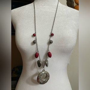 Silver chain 18” with pewter look beads heart charms hanging pewter pendant